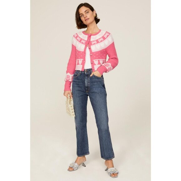 LoveShackFancy Dimples Crop Cardigan Dainty Cute Jacquared Pink Hearts Ribbons M - Picture 6 of 13